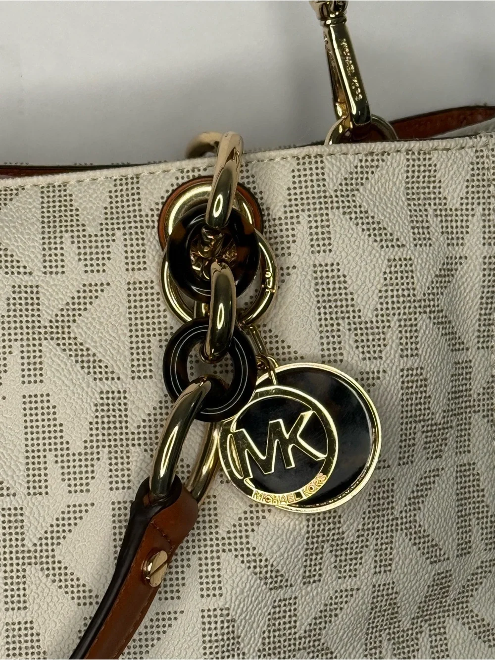 Michael Kors Cream Logo Tote with Brown Leather Straps